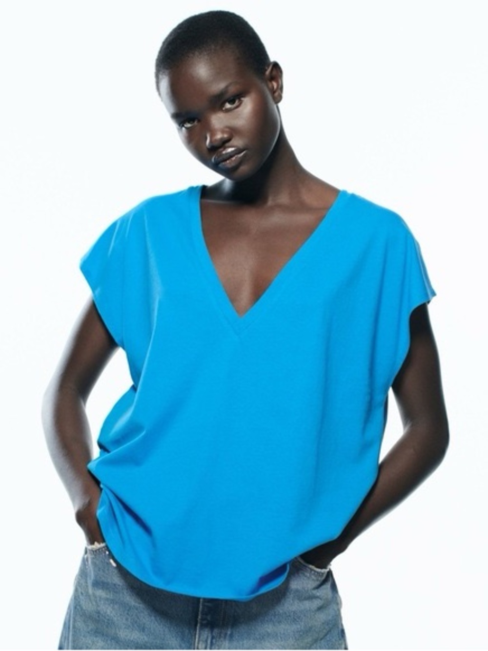 Zara Bright Blue V-Neck Short Sleeve Tee
